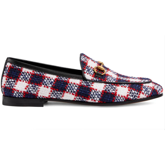 Gucci Shoes - Gucci New Jordaan Blue Red White Black Tweed Check Loafer Mule Slipper Flat 38.5